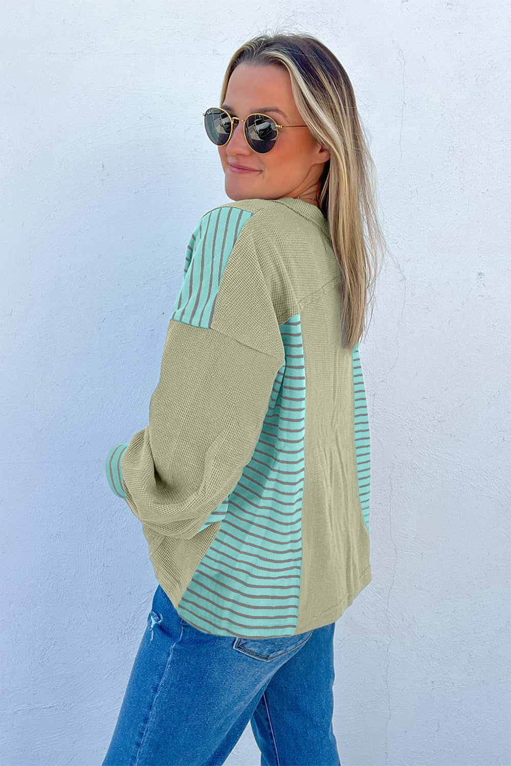 Meadow Mist Green Exposed Seam Waffle Striped Patchwork Baggy Pullover
