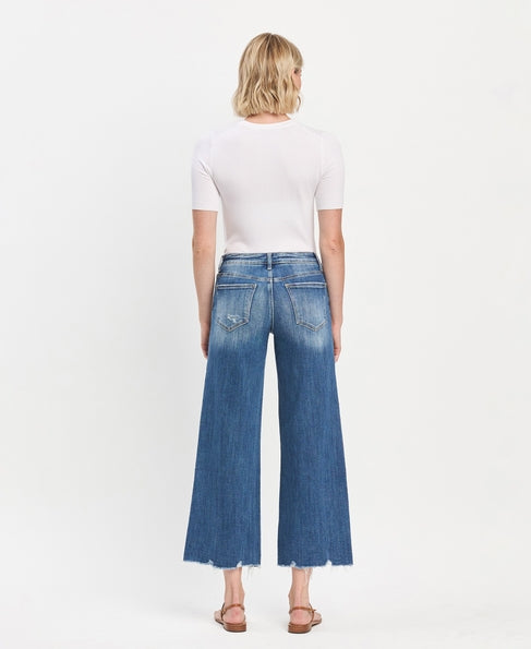Mid Rise Raw Hem Wide Jean