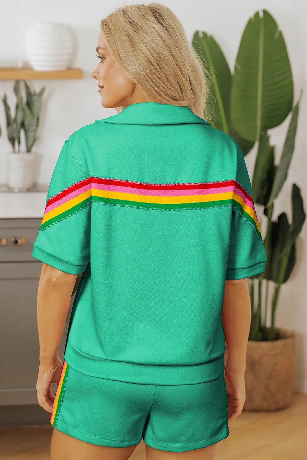 Sea Green Rainbow Colorblock Collared Shorts Set