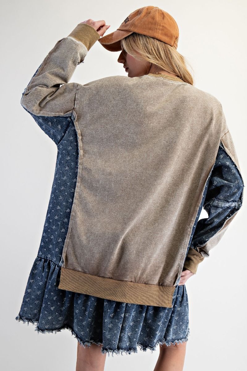 WASHED TERRY PULLOVER WITH DENIM RUFFLE BOTTOM DRESS