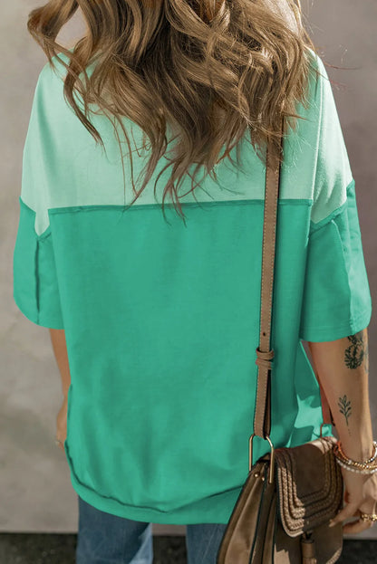 Green Contrast Color Patchwork Half Button T Shirt
