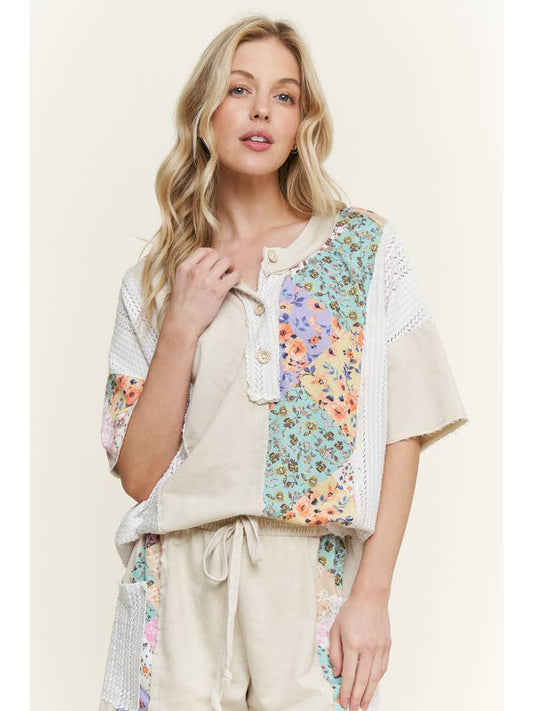 Mineralwashed Floral Printed Block Henley Top