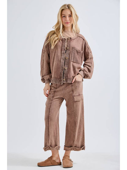 Mineral Washed Raw Seam Rolled-Up Hems Pants