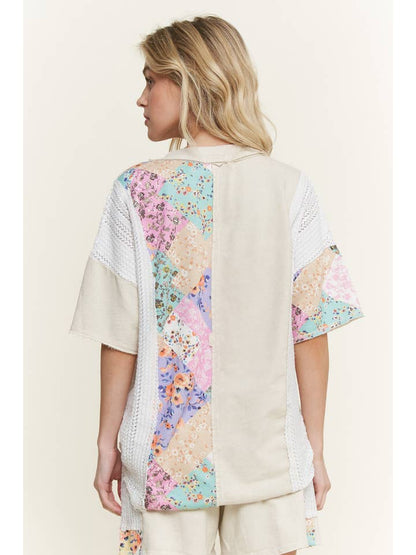 Mineralwashed Floral Printed Block Henley Top