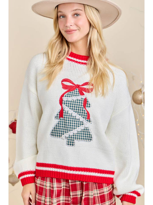 Festive Holiday Sweater with Christmas Tree Patchwork