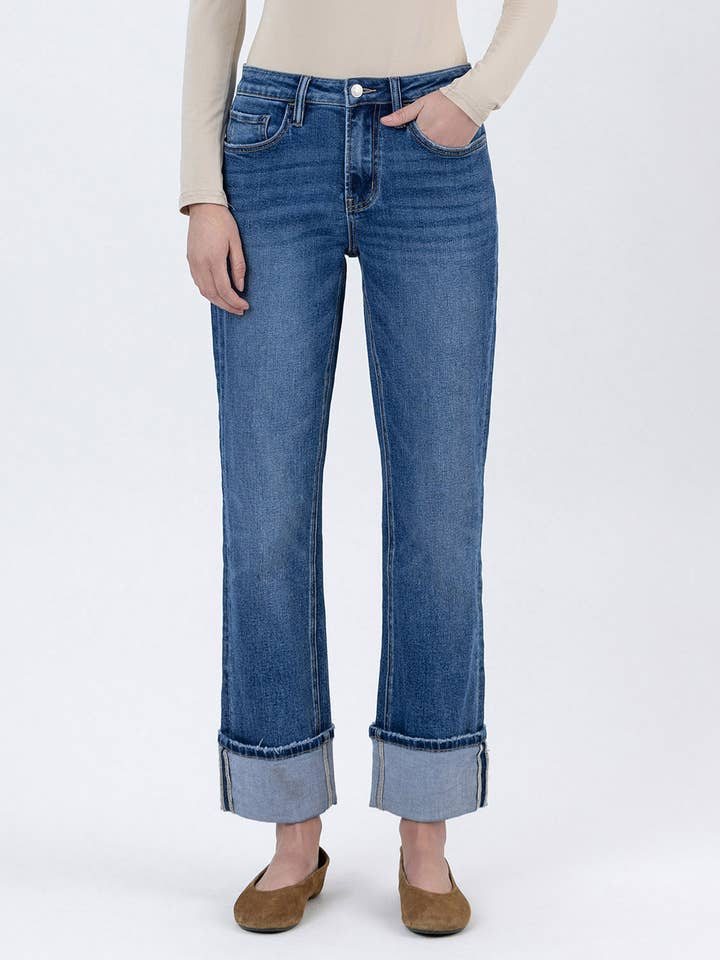 High Rise Cuffed Ankle Straight Jeans