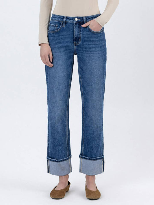 High Rise Cuffed Ankle Straight Jeans