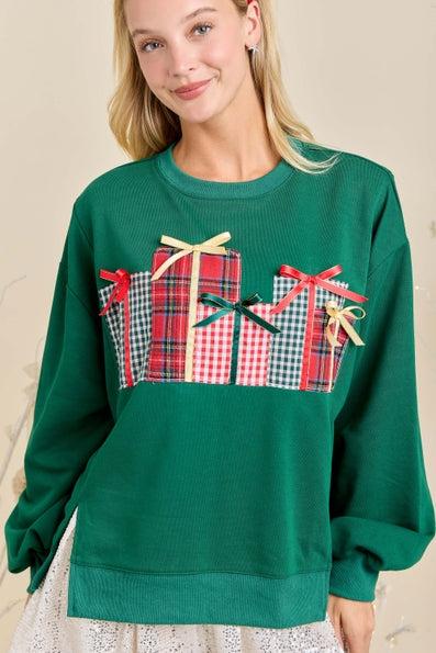 Christmas Sweatshirt Featuring Patchwork Gift Box