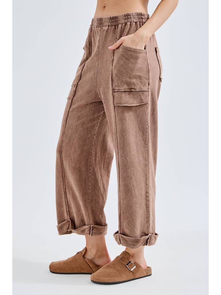 Mineral Washed Raw Seam Rolled-Up Hems Pants