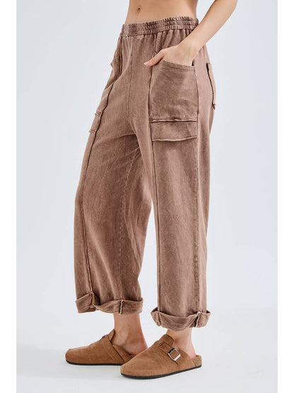 Mineral Washed Raw Seam Rolled-Up Hems Pants