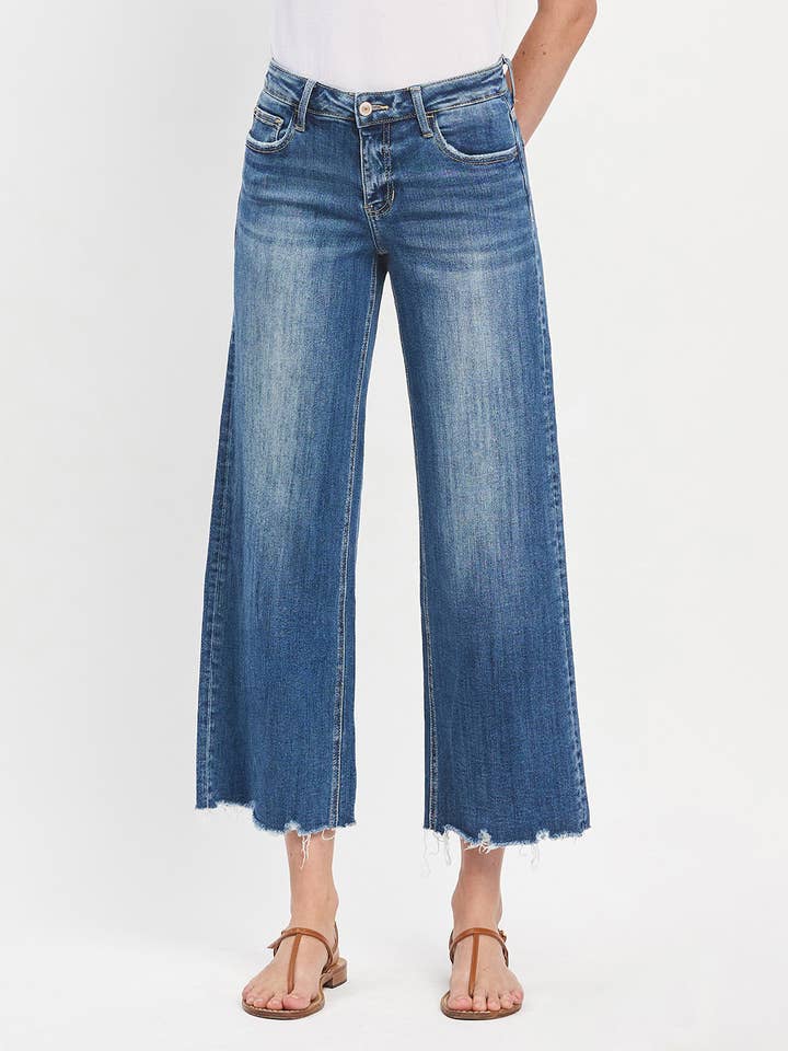 Mid Rise Raw Hem Wide Jean