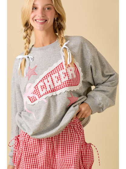 Game Day Cheer Patchwork Long Sleeve Crewneck Top