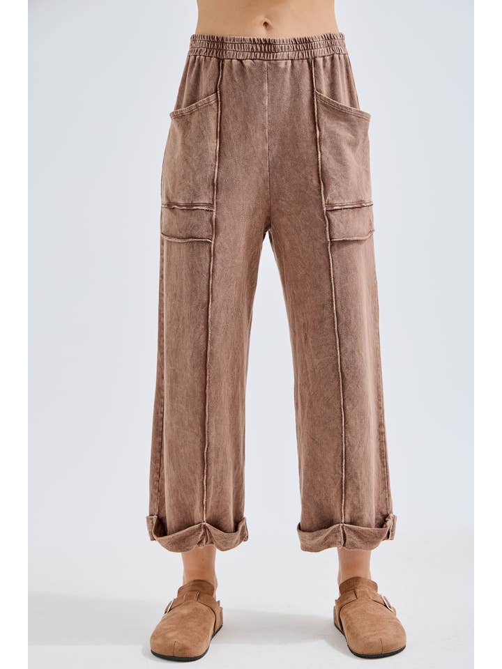 Mineral Washed Raw Seam Rolled-Up Hems Pants