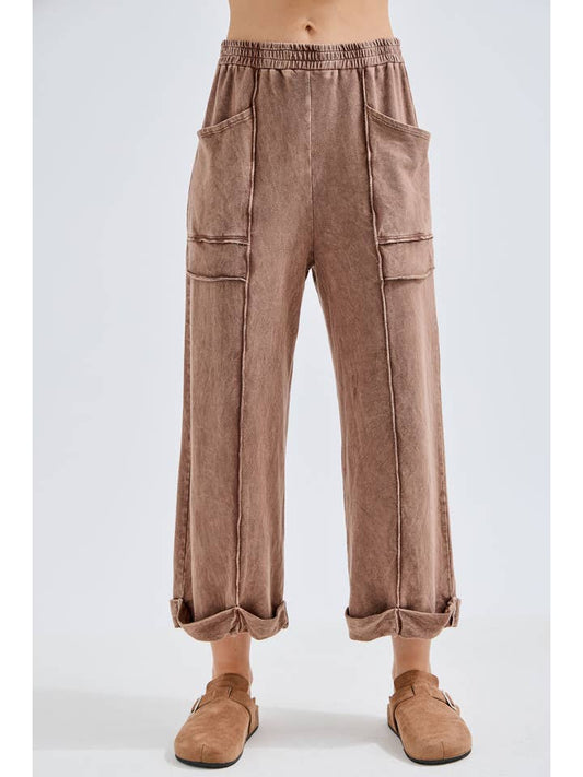 Mineral Washed Raw Seam Rolled-Up Hems Pants