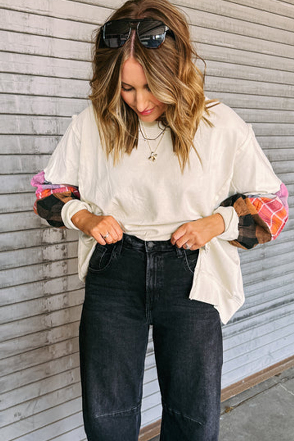 Beige Contrast Plaid Long Sleeve Exposed Seam Patchwork Top