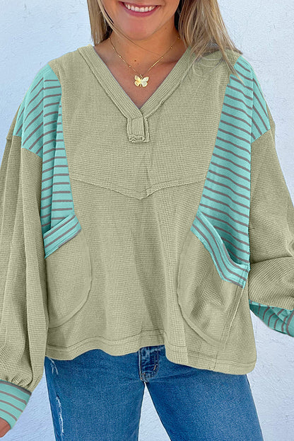 Meadow Mist Green Exposed Seam Waffle Striped Patchwork Baggy Pullover