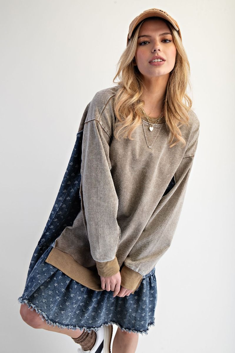 WASHED TERRY PULLOVER WITH DENIM RUFFLE BOTTOM DRESS